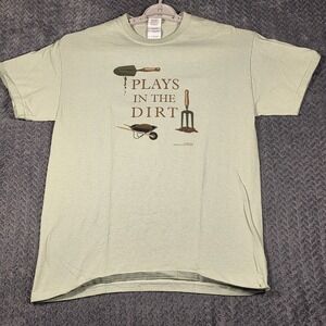 Vintage Plays In The Dirt Garden T-Shirt Men's Medium Green Earth Sun Moon 2005